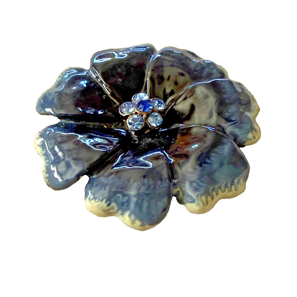 Vintage 90s Dark Blue Enamel Flower Brooch Rhinestone Pin Unsigned Nordstrom